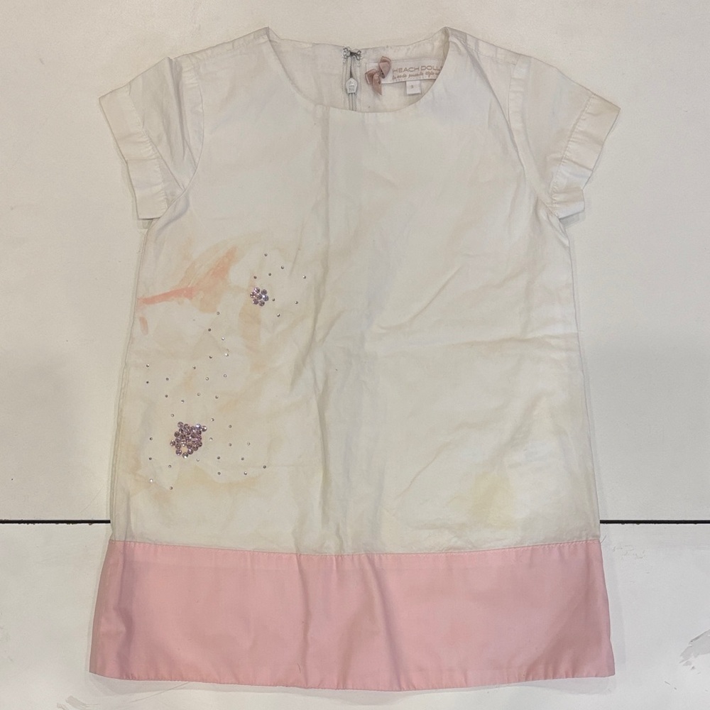 Short Sleeve Cotton A-Line Shirt Dress with Abstract Floral Rhinestone Motif